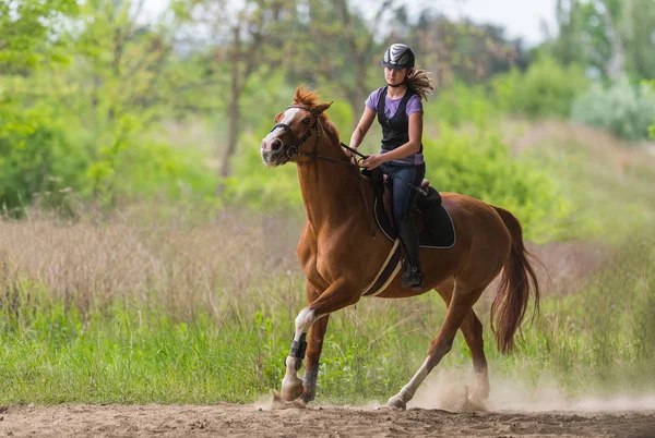Menina bonita nova montando um cavalo com folhas retroiluminadas para trás em s — Fotografia de Stock