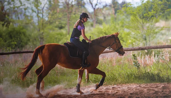 Joven chica bonita montando un caballo con hojas retroiluminadas detrás en s — Foto de Stock