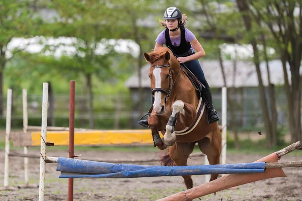 Young pretty girl riding a horse -  jumping over hurdle with bac — Stock Photo, Image