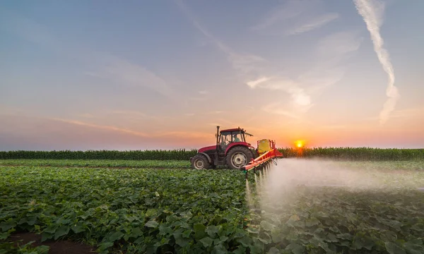 Trator de pulverização de campo vegetal na primavera — Fotografia de Stock