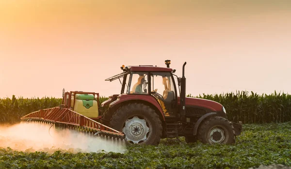 Traktor sprutning vegetabiliska fältet på våren — Stockfoto