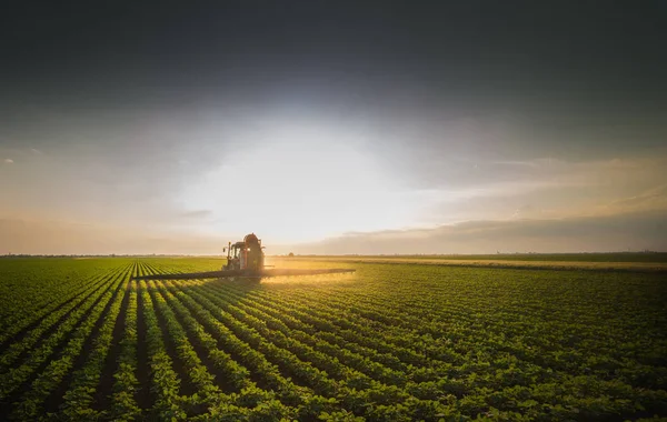 Trator pulverizando campo de soja na primavera — Fotografia de Stock