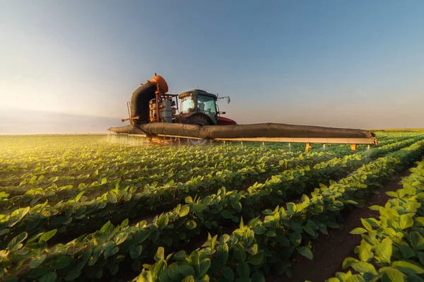 Trator pulverizando campo de soja na primavera — Fotografia de Stock