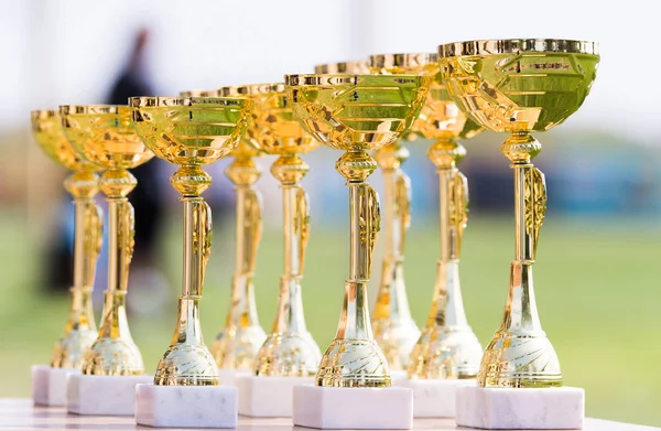 Beautiful champion golden trophy cups for winners in soccer comp — Stock Photo, Image