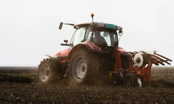 Traktor orat pole - příprava půdy pro výsev na podzim — Stock fotografie