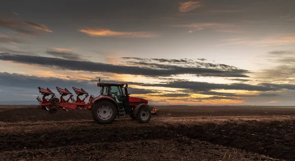 Gün batımında traktör sürme alanları — Stok fotoğraf