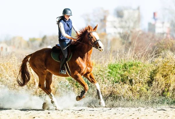 Jeune jolie fille chevauchant un cheval en automne — Photo