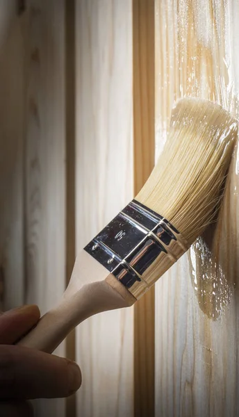 Application Varnish Wooden Surface Brush — 스톡 사진