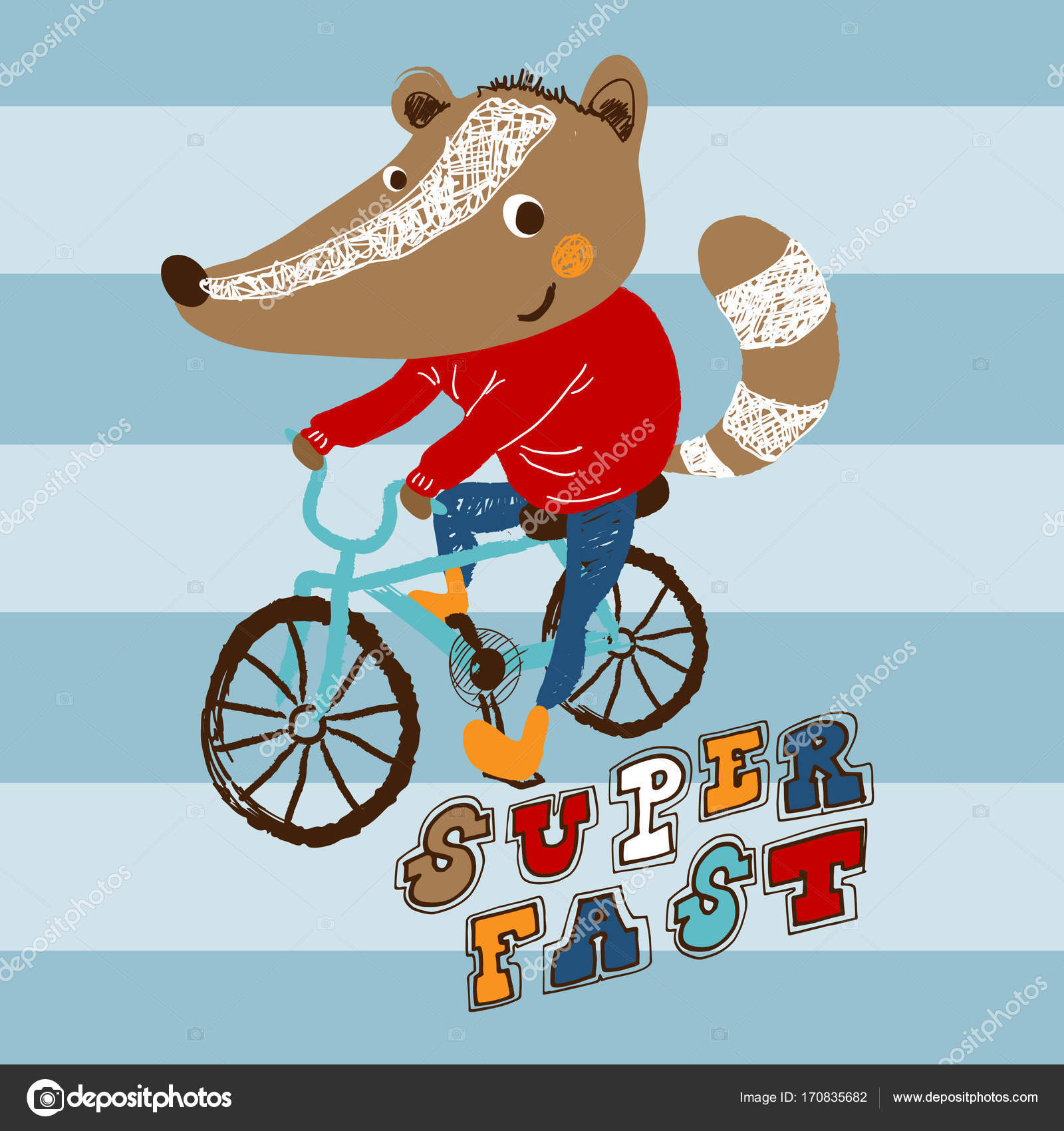 Volpe con ares camicia blu in bicicletta Bambini alla moda grafico Illustrazione di vettore T shirt Design per i bambini Elementi di disegno per bambini