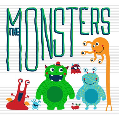 Canavar resmi kümesi. Elle çizilmiş vektör çizim. Çocuklar için tasarım öğeleri.