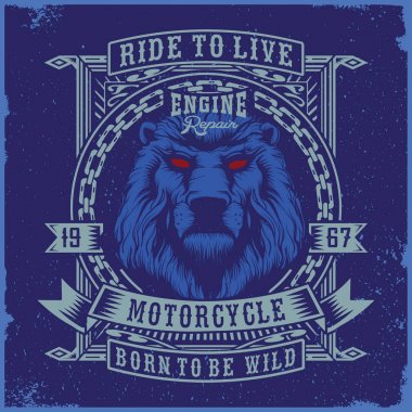 Motosiklet tipografi mavi aslan grafik ile. T-shirt vektör grafik / kırmızı gözleri