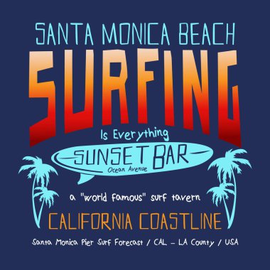 Sörf tahtası tipografi illüstrasyon, t-shirt grafik, vektörel çizimler