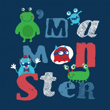 Tipografi tasarımı ile şirin küçük canavarlar. Renkli çocuk illüstrasyon. Vektör tasarımı.