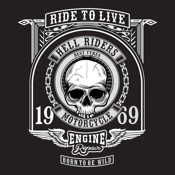 Schwarz Weißer Totenkopf Print Mit Höllenreiter Banner Grunge Stil Motorrad — Stockvektor