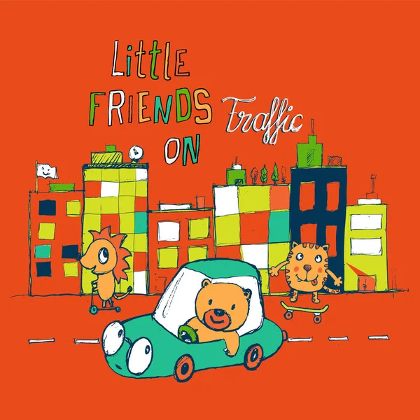 Three Little Friends Playing Street Editable Vector Artwork Design Kids — стоковый вектор