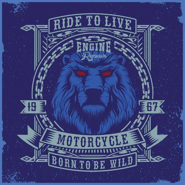 Motorfiets Typografie Met Een Blauwe Leeuw Afbeelding Shirt Vector Grafische — Stockvector