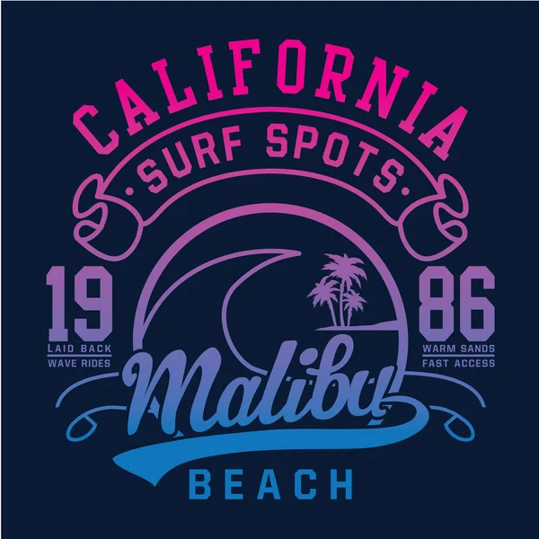 Surf Malibu Sport Typografie Shirt Afbeelding — Stockvector