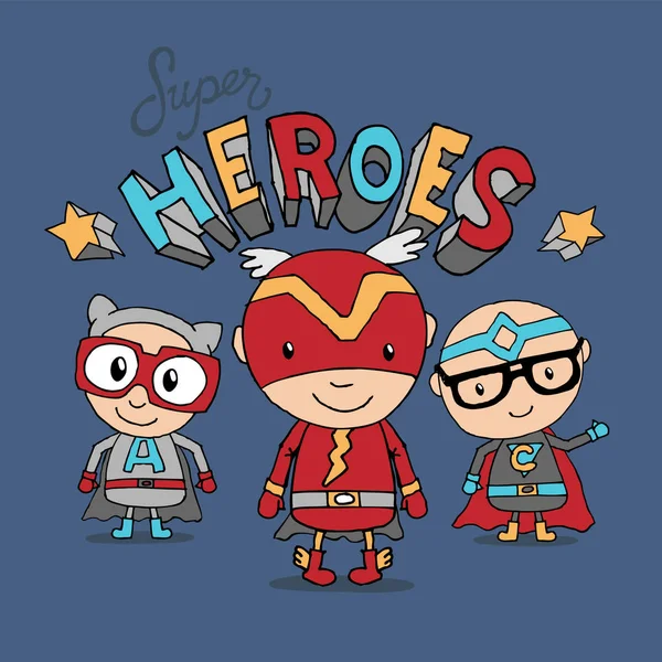 Sevimli Çocuklar Süper Kahraman Kostümleri Giyiyor Tipografi Sanat Tasarım Komik — Stok Vektör