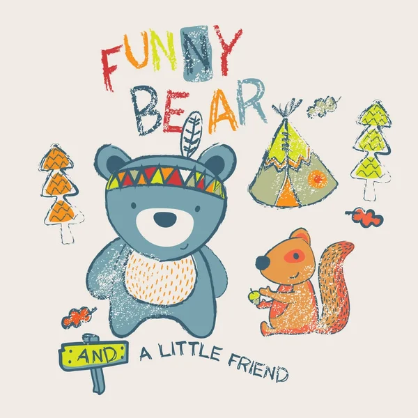 可爱的泰迪熊在美国印第安民族帐篷的前面玩松鼠 两个小森林朋友玩 — 图库矢量图片