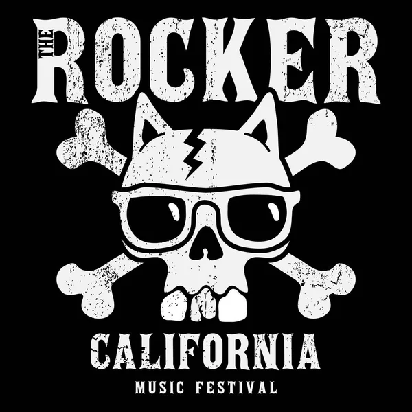California Rock Roll Music Typography Skull Drawing Sun Glasses Shirt — Stock Vector