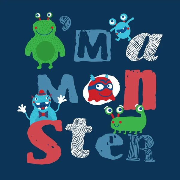 Cute Little Monsters Typography Design Colorful Children Illustration Vector Design — Stock Vector