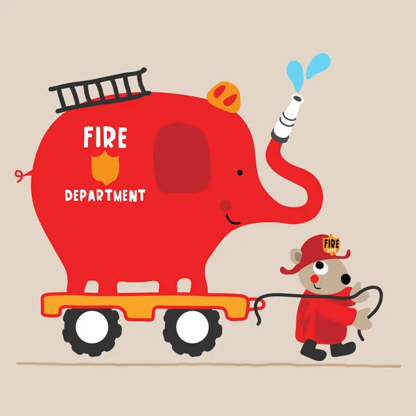 Camion Pompiers Éléphant Avec Animal Mignon — Image vectorielle