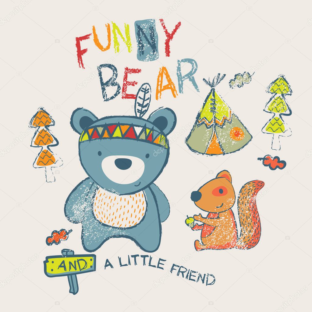 Cute teddy bear playing a squirrel at the front of a american indian ethnic tent. Two little forest friends playing.
