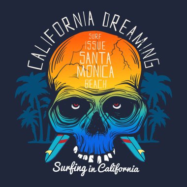 Grafik tasarım kafatası, palmiye ağaçları, dalga ve güneş dalga sörf kartı tasarımı için ayarla. California Dreaming sloganı renkli kafatası ve palmiye ağaçları ile 