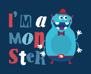 Mutlu bir yakışıklı canavar gülümseyen ve papyon giyiyor. Renkli çocuk illüstrasyon. Vektör tasarımı.