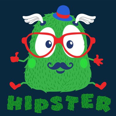 Hipster canavar ile kırmızı bir gözlük. Anaokulu/karikatür karakter tasarım/moda grafik için kids/kitabı resimler/Tekstil grafik/grafik tasarımlar için T-shirt grafik/sevimli grafik.