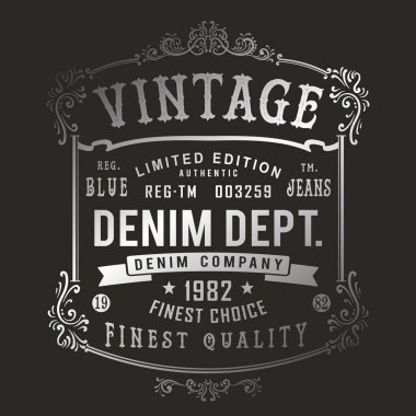 Vintage Denim t-shirt veya giyim için yazdırma. Retro sanat siyah beyaz moda ve baskı için. Geleneksel tema ve tipografi ile old school vektör. Vintage etkileri kolayca çıkarılabilir.
