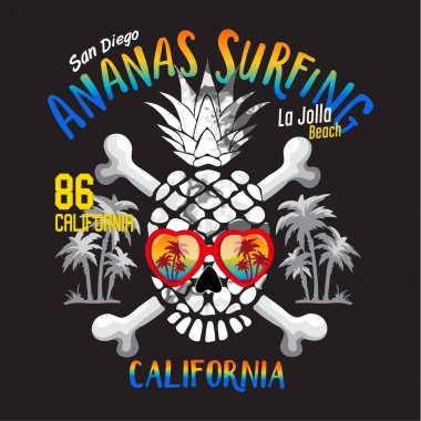 Renkli ananas şeklinde kafatası illüstrasyon San Diego gibi tipografi ile La Jolla Beach ve California / kafatası ile kalp şeklinde gözlük /California sörf
