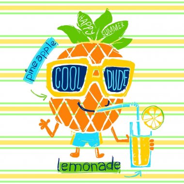 Sevimli küçük ananas bir dinlenme limonata ile. Donanma renk camlı sarı gözlük takıyor. Ayrıca mavi kısa giyer. Ananas vektör çizim karikatür.