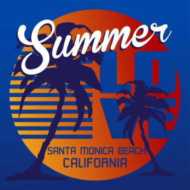 Santa Monica Beach, Kaliforniya. Yaz sanat tipografi ve palmiye ağaçları ile. Vektör çizim. California West Coast.