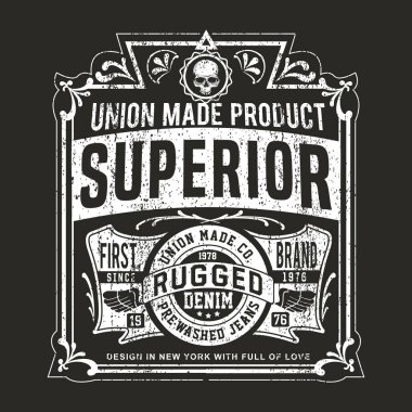 Vintage Denim t-shirt veya giyim için yazdırma. Retro sanat siyah beyaz moda ve baskı için. Geleneksel tema ve tipografi ile old school vektör. Vintage etkileri kolayca çıkarılabilir.