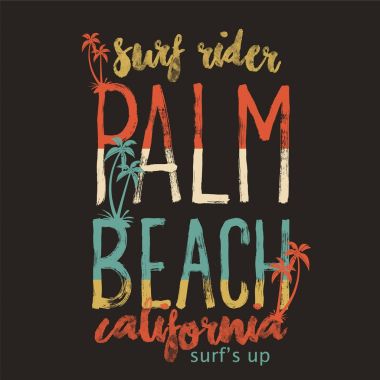 Binici Palm Beach California sörf. Sloganı T-Shirt grafik jersey kumaş, tipografi tasarımı için.