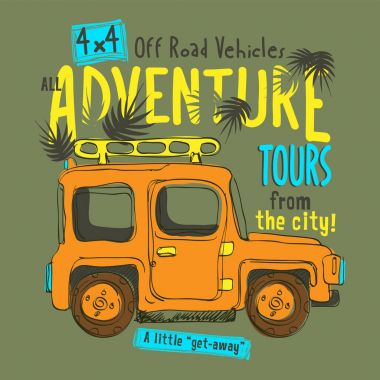 Yaz grafik tasarım karikatür Suv araç ile. Vektör çizim el çekilmiş.