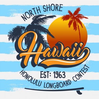 Hawaii sörf. Sloganı T-Shirt grafik jersey kumaş, tipografi tasarımı için.