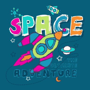 Uzay Roket fırlatma. Bültenleri kavramı için tasarımcılar, vb. Vektör grafiği Tekstil sanat tasarımı için. Kroki çizim.