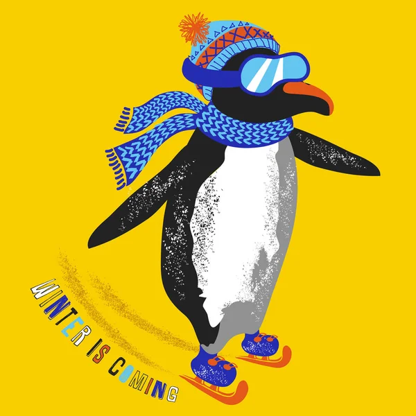 Pinguin Patinaj Gheaţă Purtând Eşarfă Pălărie Ochelari Protecţie Ilustrație Vectorială — Vector de stoc