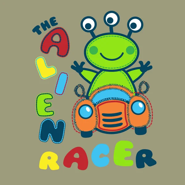 Green Alien Racer Driving Orange Car Typo Vector Artwork Design — Stock Vector