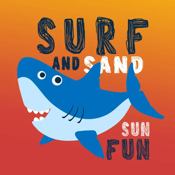 タイポグラフィのポスターのデザインと印刷デザインかわいいサメ 砂の太陽と楽しいネット サーフィンします 子供のための シャツ デザイン — ストックベクタ