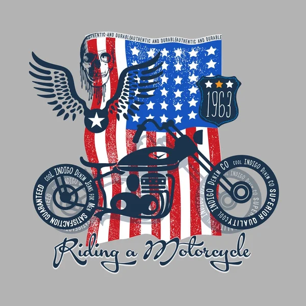 アメリカの国旗とバイクのイラスト ヴィンテージ シャツのデザイン グランジ ルック 元のスタイル ベクトルの図 別のレイヤーにグランジ効果 — ストックベクタ