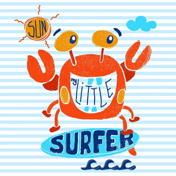 Cute Crab Surfer Vector Print Children Wear Custom Colors Grunge — Stock Vector