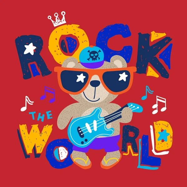 Lindo Oso Peluche Tocando Guitarra Rock Idea Diseño Estampado Para — Vector de stock