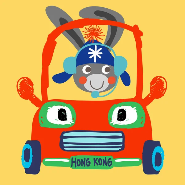 Cute Bunny Czerwony Samochód Ilustracja Wektorowa — Wektor stockowy