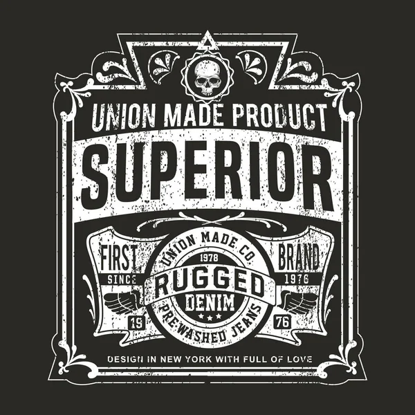 Vintage Denim t-shirt veya giyim için yazdırma. Retro sanat siyah beyaz moda ve baskı için. Geleneksel tema ve tipografi ile old school vektör. Vintage etkileri kolayca çıkarılabilir.