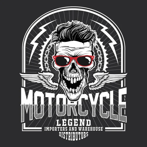 Schwarz Weißer Totenkopf Print Mit Höllenritt Banner Grunge Stil Motorrad — Stockvektor