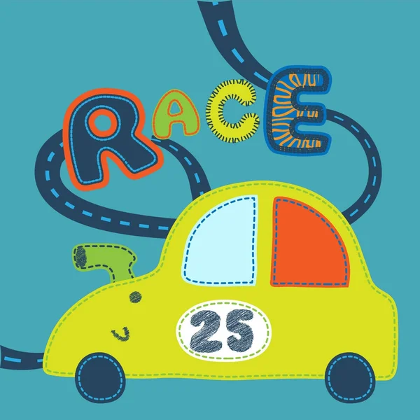 Χαριτωμένο Μωρό Αγωνιστικό Αυτοκίνητο Και Στον Αυτοκινητόδρομο Διανυσματικά Εικονογράφηση — Διανυσματικό Αρχείο