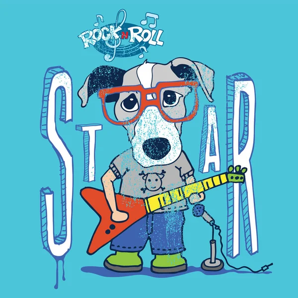 Perro Dibujos Animados Con Gafas Rojas Está Tocando Una Guitarra — Vector de stock